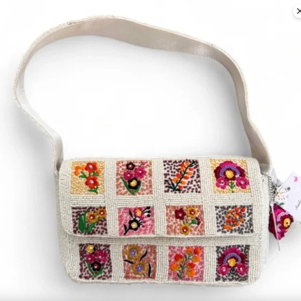 Made in India Beaded Sequin Floral Tile Beaded Bag w Charm NWT